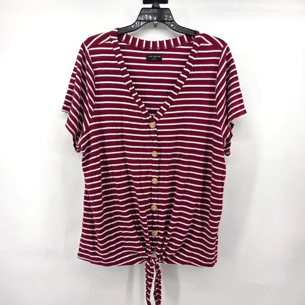 Lane Bryant Red Stripe Waffle Knit Button Front Tie Hem Top Size 26/28